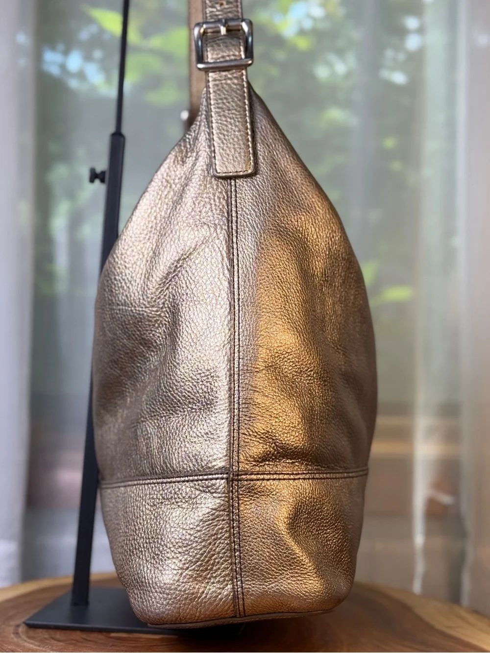 Fossil Gold Metallic Leather Hobo Shoulder Bag + Pouch Freebie EUC